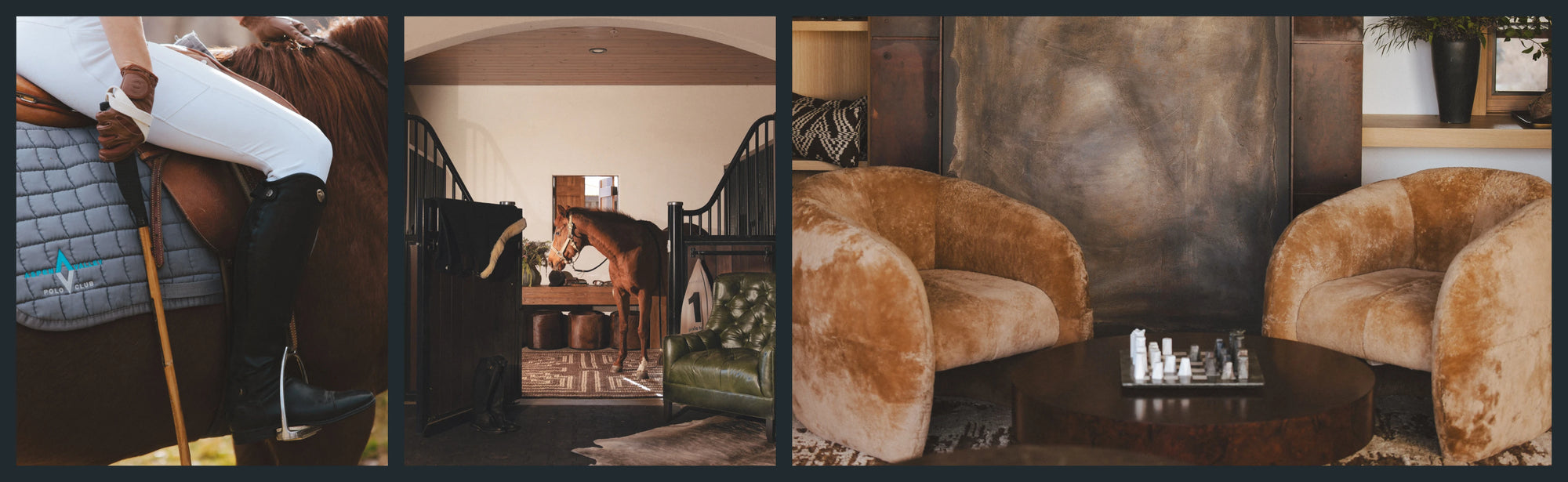 Triptych image featuring equestrian and lodge-style scenes: a close-up of a rider on a saddled horse holding a mallet; a warm, rustic stable interior where a horse stands beside leather seating and wooden furnishings; and a cozy seating vignette with two plush tan swivel chairs surrounding a round table set with a chessboard.