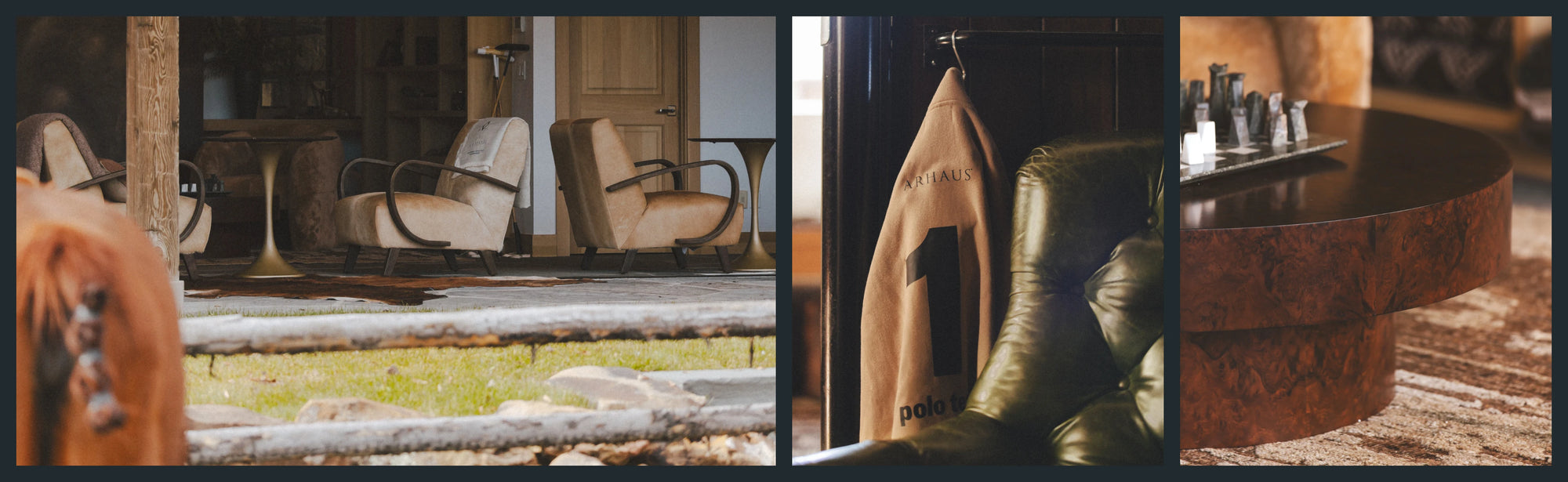 Triptych image blending equestrian and lodge-inspired design: an outdoor seating area with vintage-style armchairs viewed through a ranch fence; a suede polo jersey hanging beside a tufted leather chair inside a warm, wood-toned interior; and a close-up of a round burl-wood coffee table topped with a sculptural chess set.