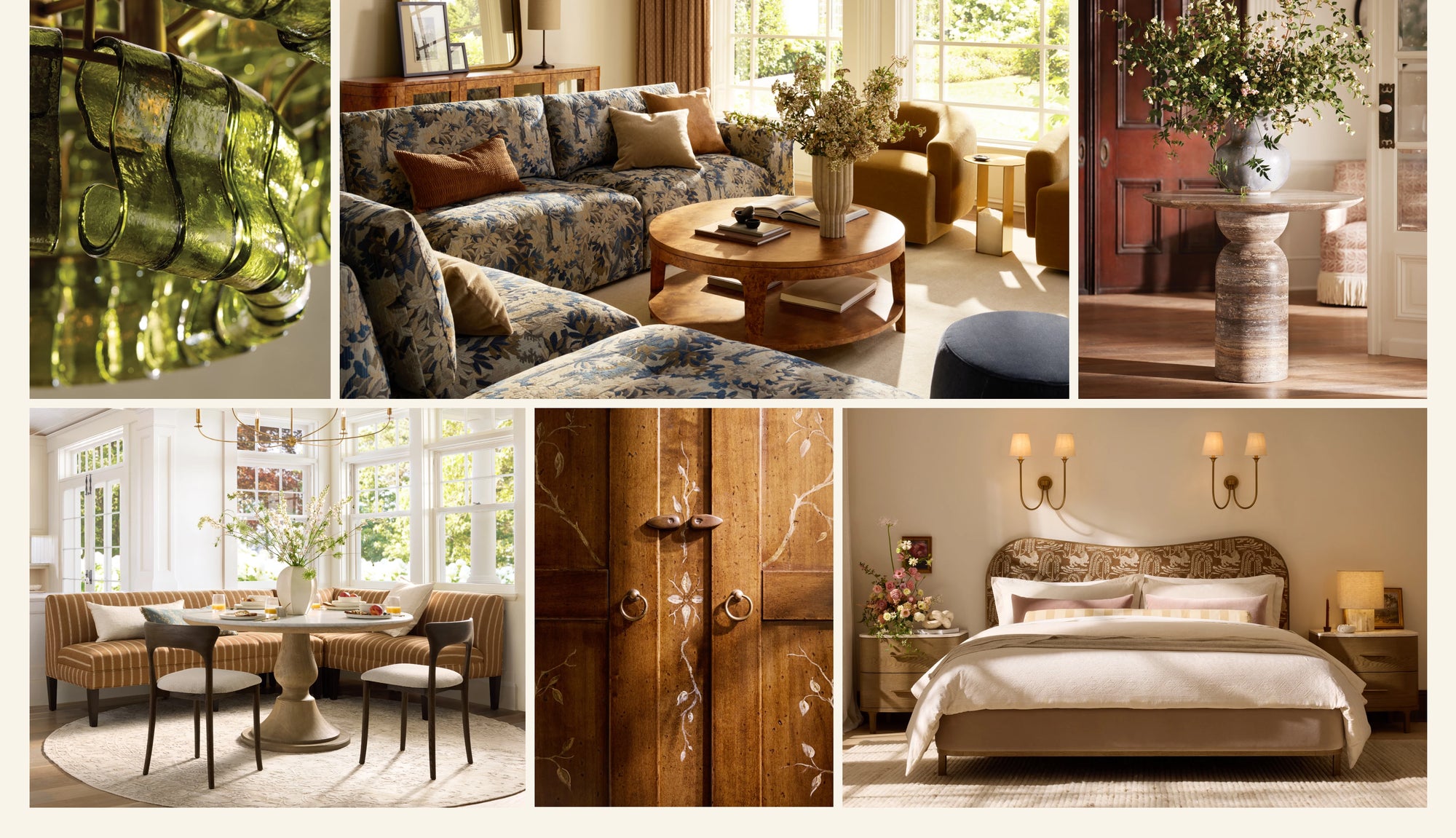 Collage of sunlit interiors and artisan details, including a floral-upholstered sofa, sculptural wood tables, a styled entry console, a bright dining nook, carved wooden doors, and a serene bedroom layered in soft neutrals and natural textures.