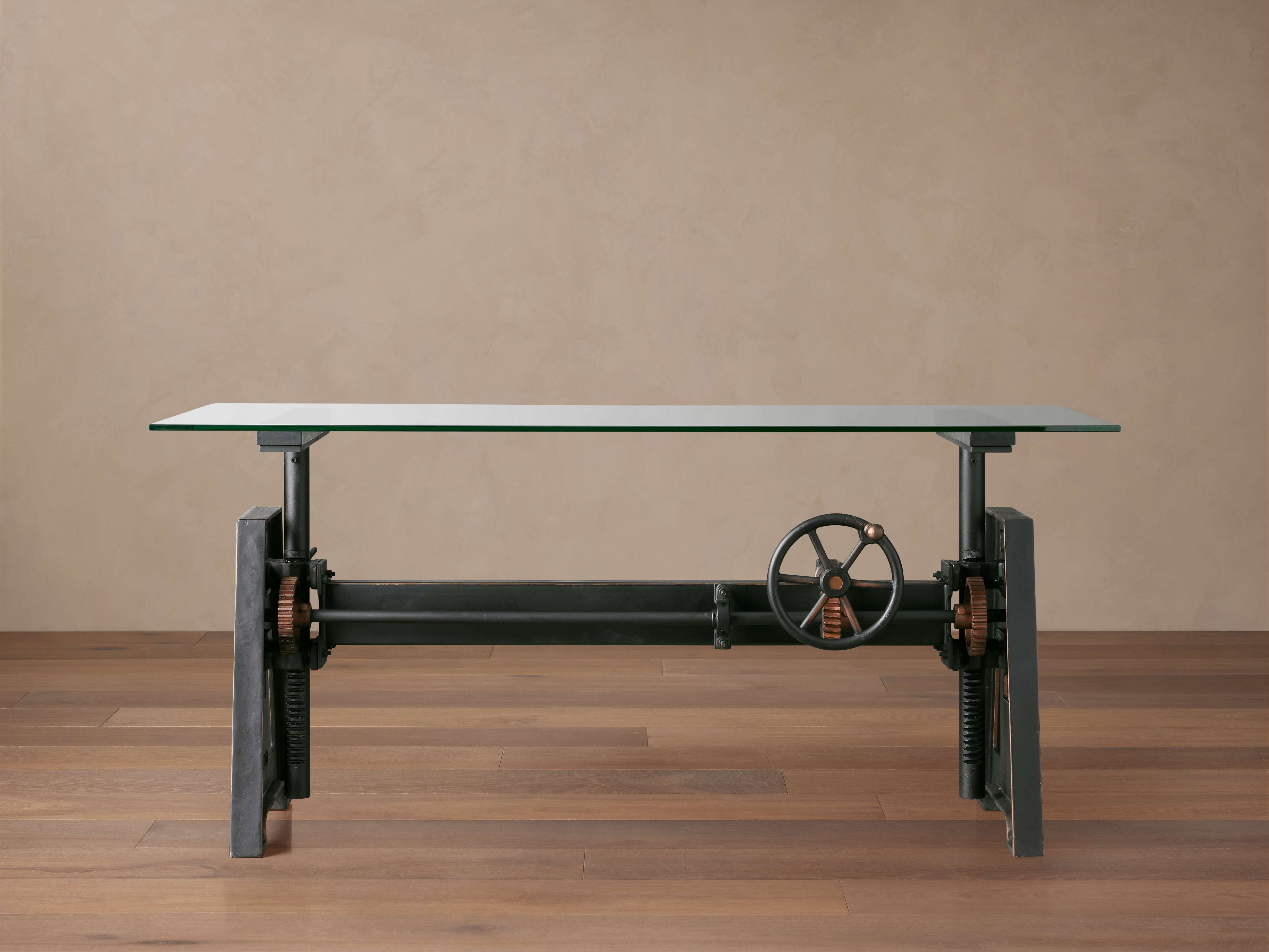 Industrial Crank Desk with Glass Top | Stylish & Durable