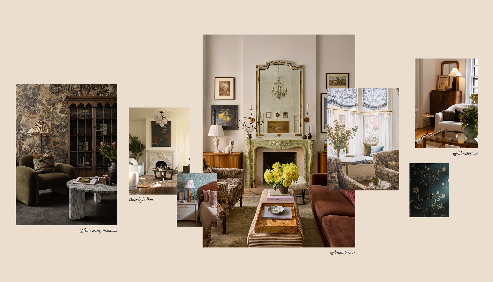 Curated collection of traditional designed interiors featuring layered furnishings, vintage-inspired details, decorative accents, and collected spaces from interior design creators.