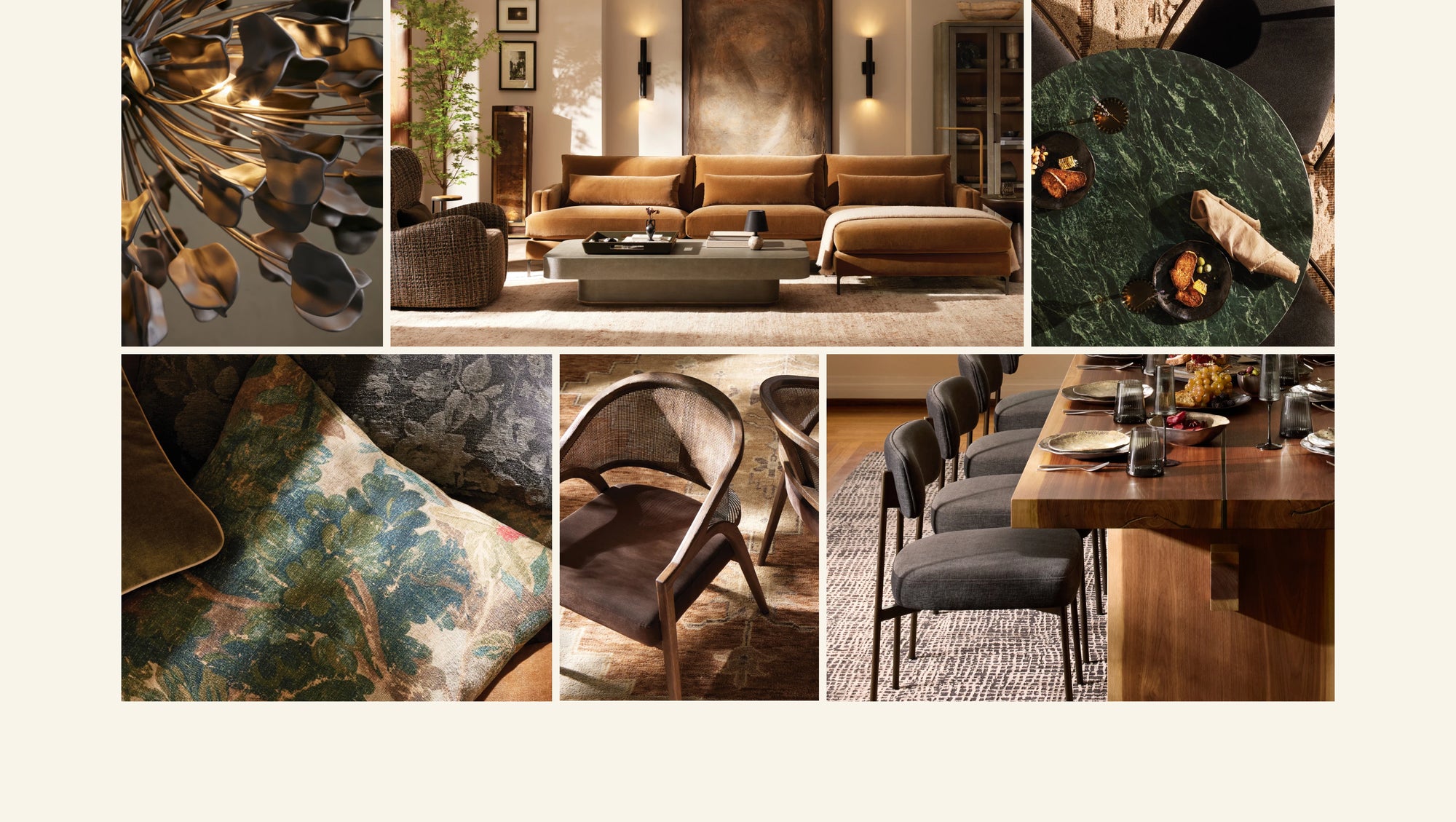 A collage of high-end interior design elements featuring a warm and modern aesthetic. The images showcase a sculptural brass chandelier, a rust-colored velvet sectional in a cozy living room, a dark green marble dining table with small bites, a close-up of textured botanical pillows, mid-century inspired wood and cane chairs, a sleek dining table set with black stemware and plates, and plush black dining chairs lined up on a patterned rug.