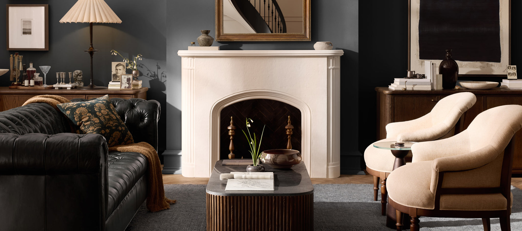 Curated room setting featuring layered furnishings, decorative accents, and coordinated textures, showcasing a complete designer-inspired living space that can be shopped as a collection.
